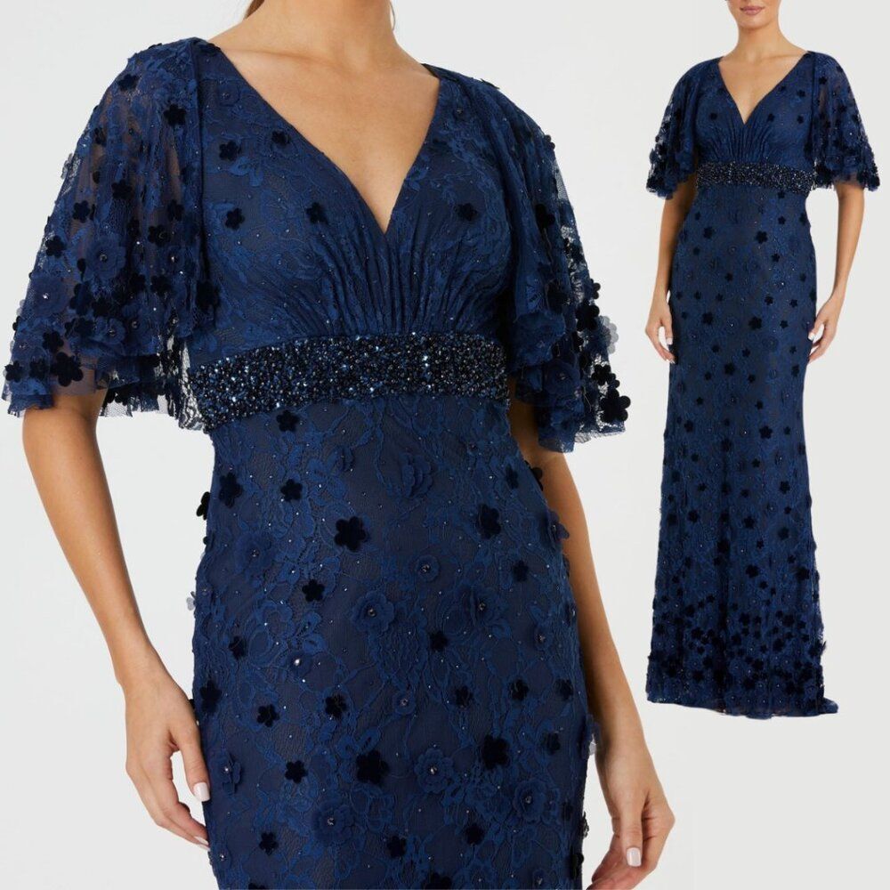 Mac Duggal 67712 Size 16 Dark Blue 3D Flowers Floral Lace Long Maxi Dress Gown